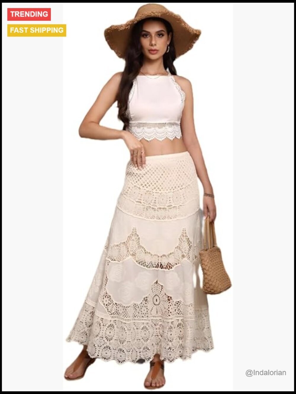 Crochet Eyelet Lace Maxi Skirt High Waisted A-Line Beach Cover Up Flowy Boho